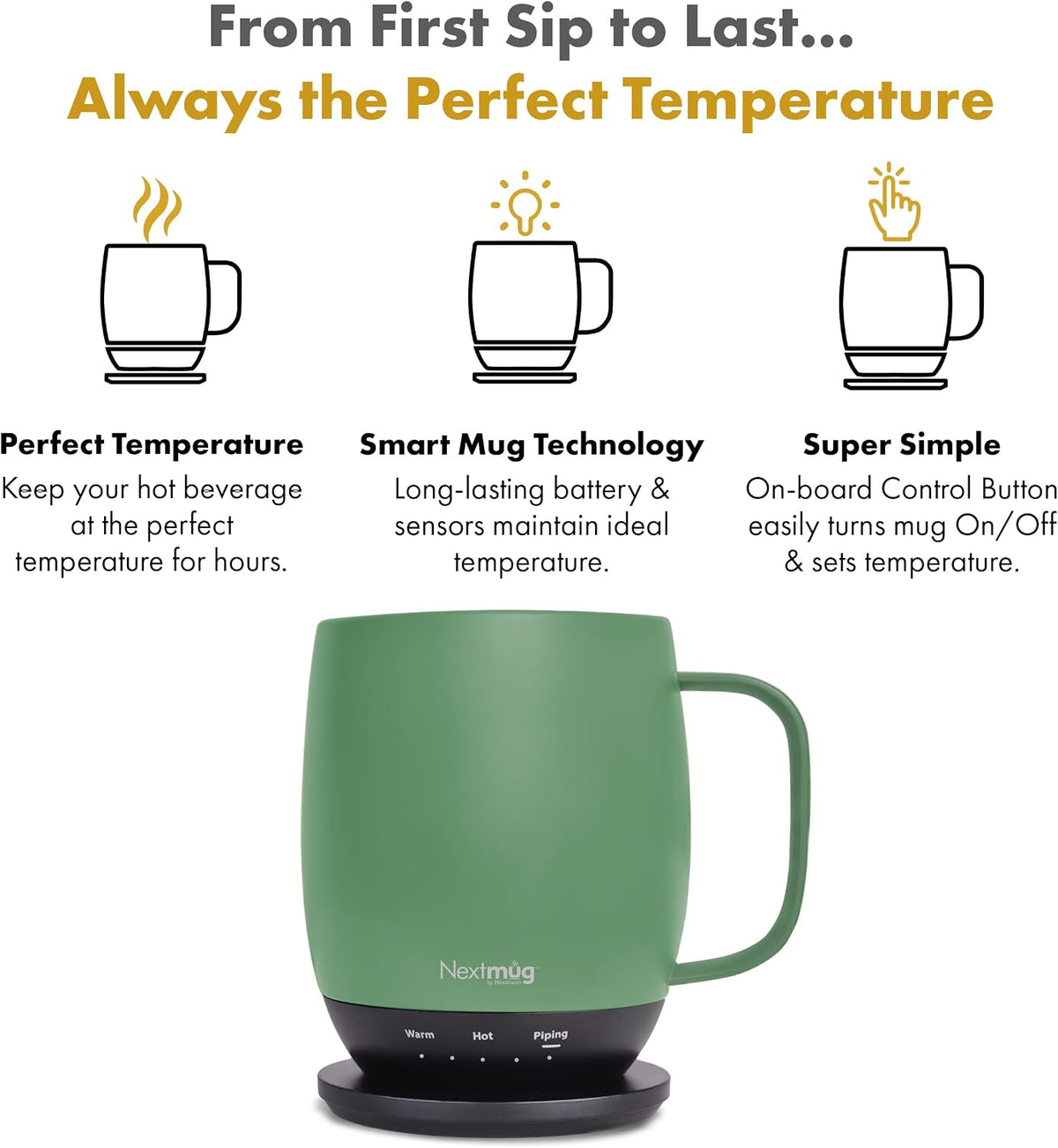 Nextmug - Temperature-Controlled, Self-Heating Coffee Mug | (Black - 14 oz.) – No App, Long-Lasting Battery for Work & Study, Great Gift for Coffee Lovers