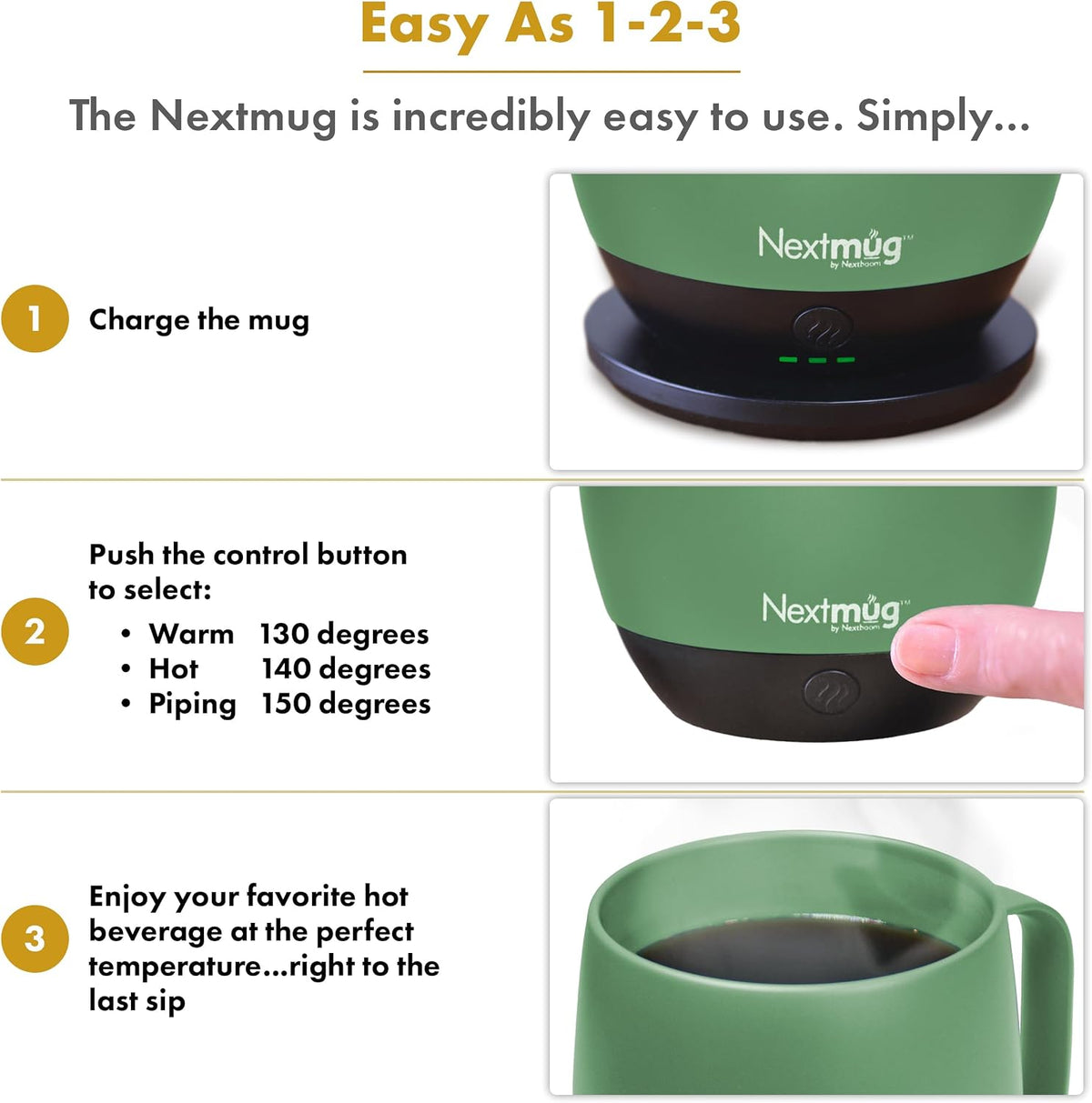 Nextmug - Temperature-Controlled, Self-Heating Coffee Mug | (Black - 14 oz.) – No App, Long-Lasting Battery for Work & Study, Great Gift for Coffee Lovers