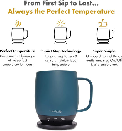Nextmug - Temperature-Controlled, Self-Heating Coffee Mug | (Black - 14 oz.) – No App, Long-Lasting Battery for Work & Study, Great Gift for Coffee Lovers