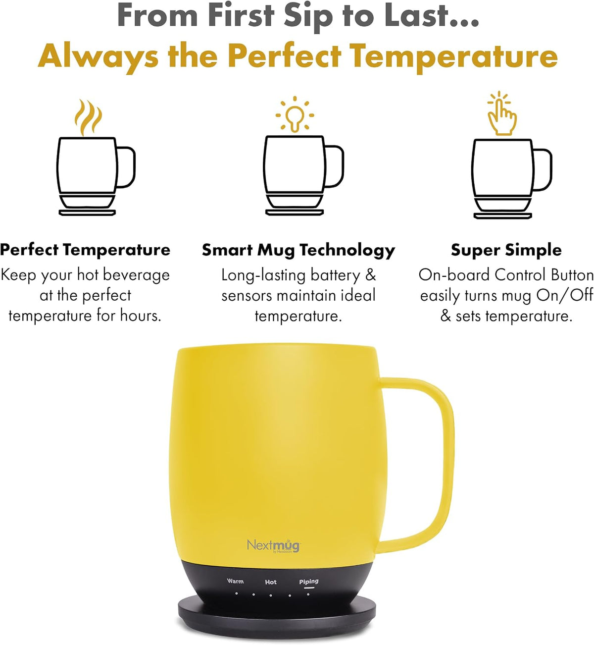 Nextmug - Temperature-Controlled, Self-Heating Coffee Mug | (Black - 14 oz.) – No App, Long-Lasting Battery for Work & Study, Great Gift for Coffee Lovers