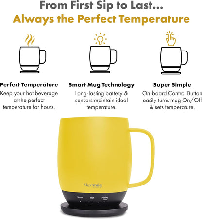 Nextmug - Temperature-Controlled, Self-Heating Coffee Mug | (Black - 14 oz.) – No App, Long-Lasting Battery for Work & Study, Great Gift for Coffee Lovers