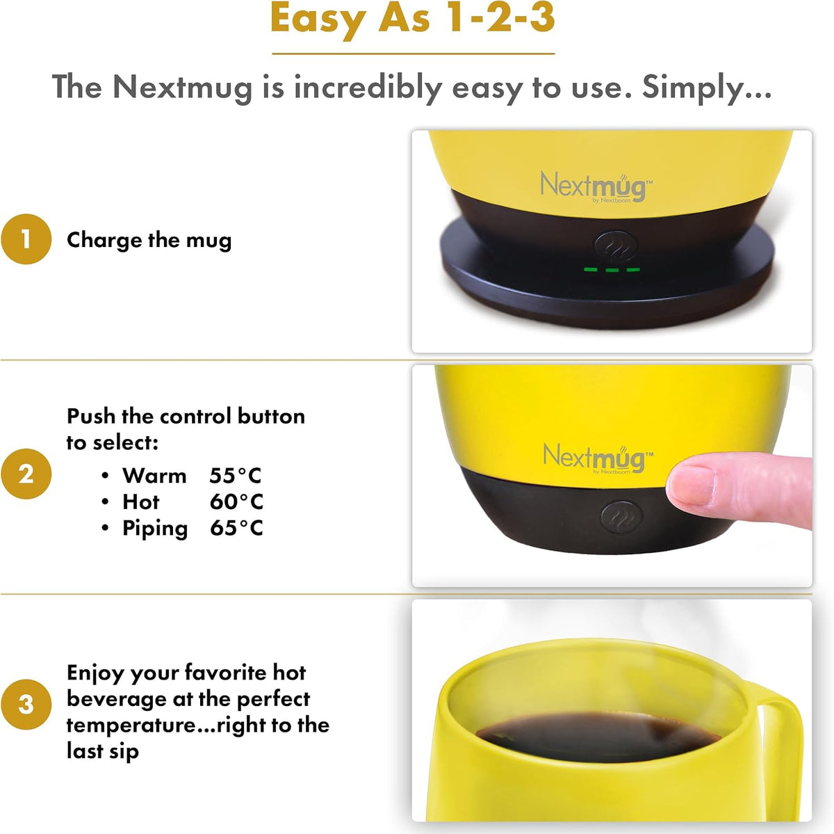 Nextmug - Temperature-Controlled, Self-Heating Coffee Mug | (Black - 14 oz.) – No App, Long-Lasting Battery for Work & Study, Great Gift for Coffee Lovers