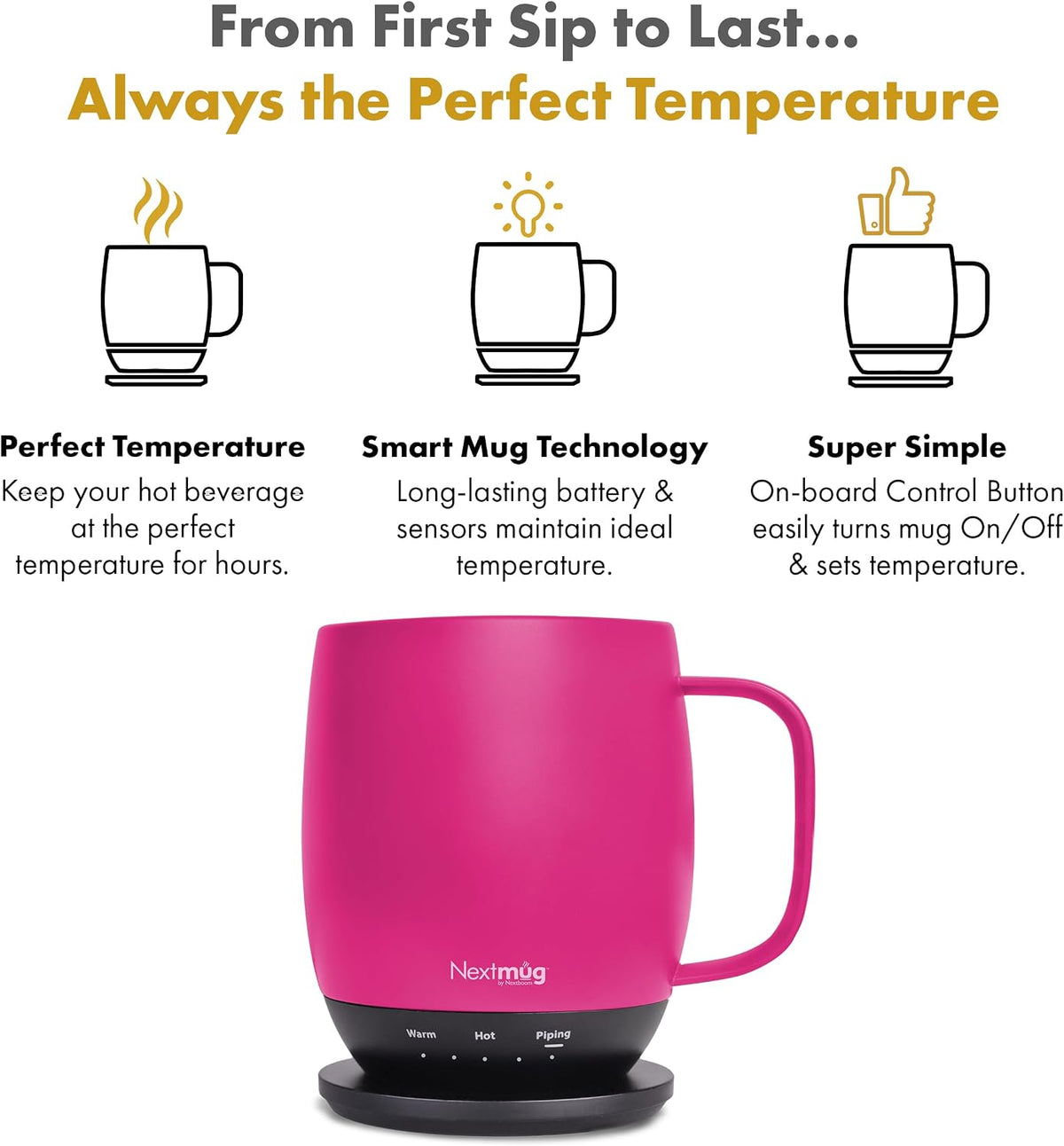 Nextmug - Temperature-Controlled, Self-Heating Coffee Mug | (Black - 14 oz.) – No App, Long-Lasting Battery for Work & Study, Great Gift for Coffee Lovers
