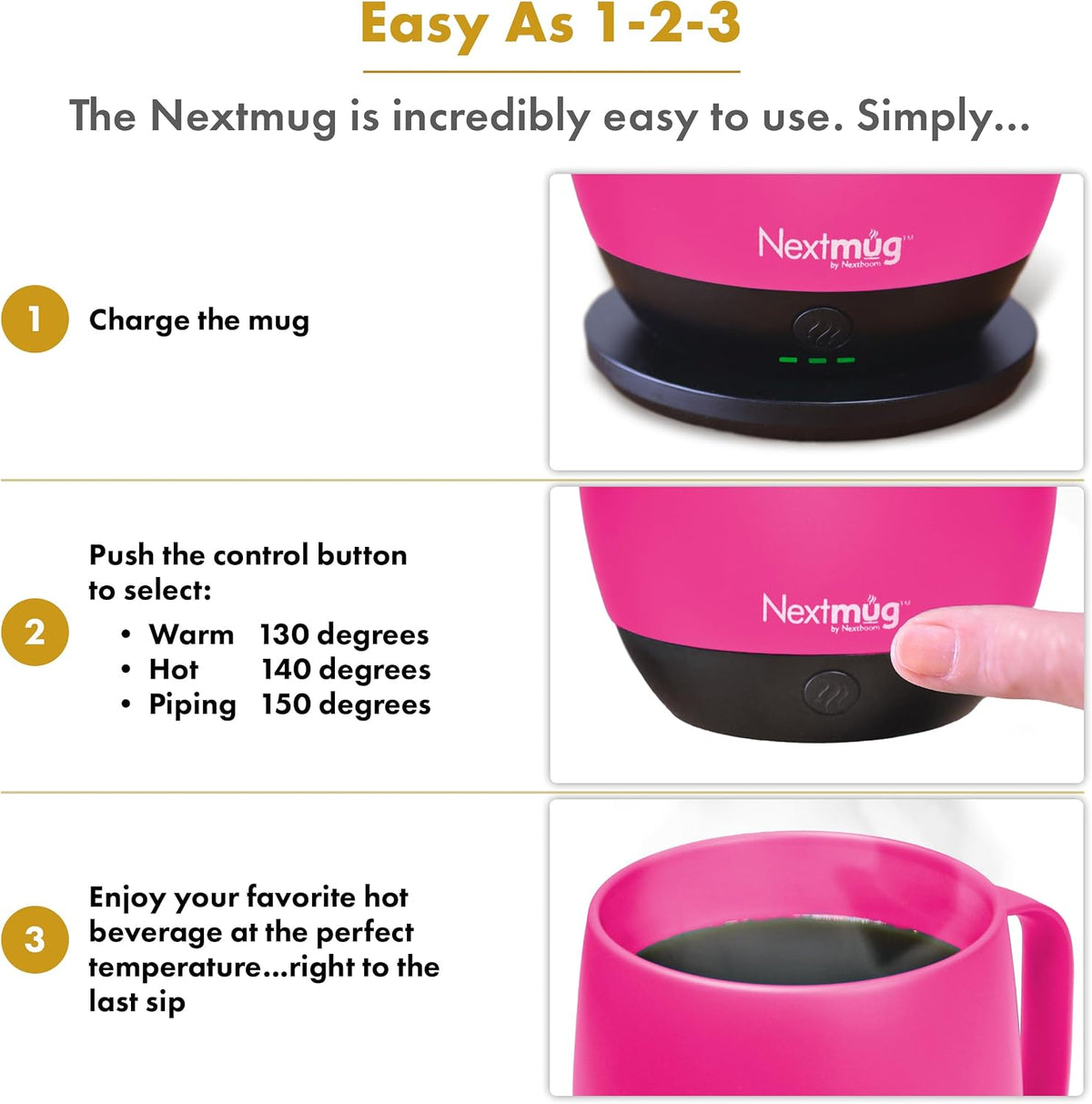 Nextmug - Temperature-Controlled, Self-Heating Coffee Mug | (Black - 14 oz.) – No App, Long-Lasting Battery for Work & Study, Great Gift for Coffee Lovers