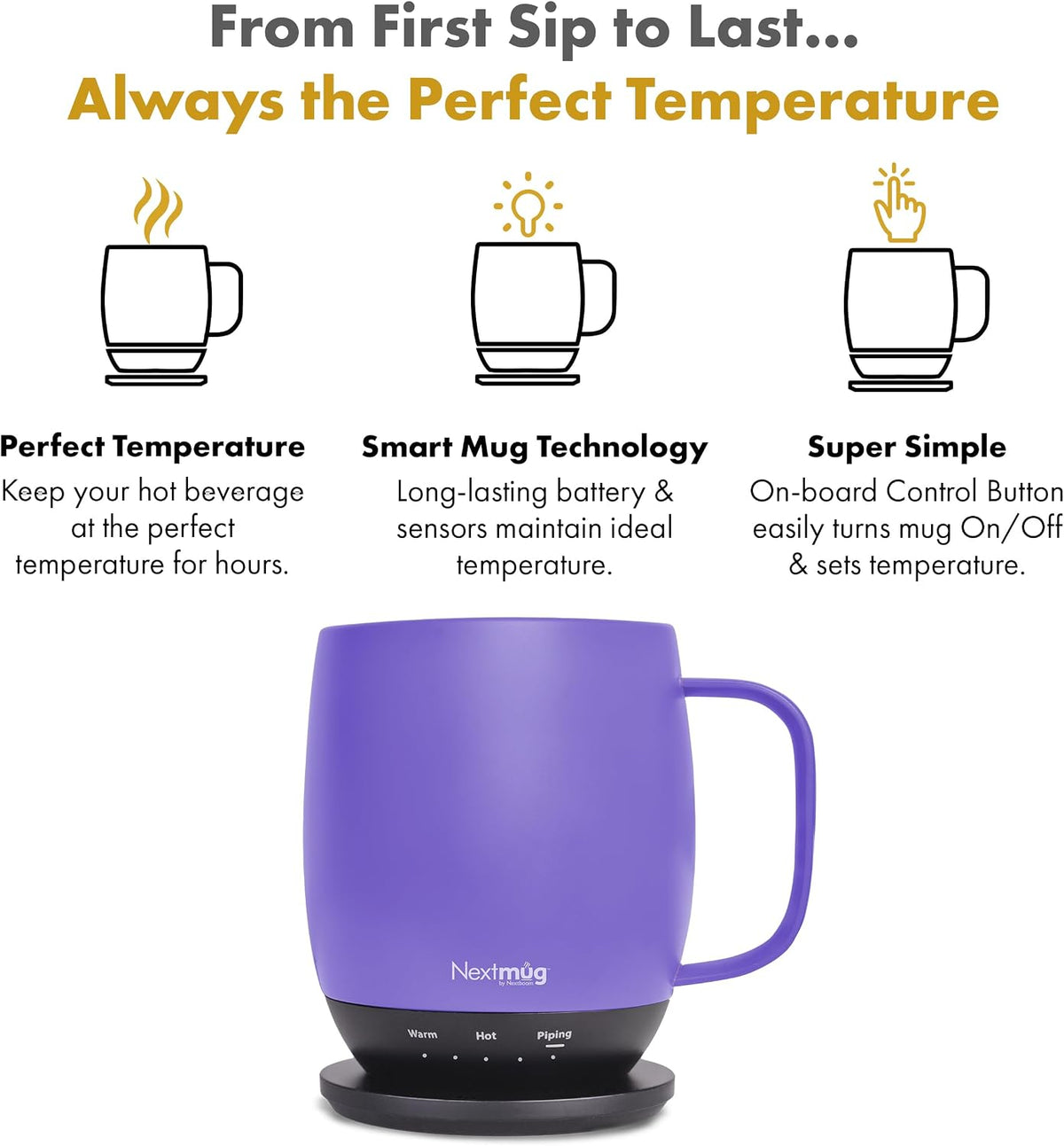 Nextmug - Temperature-Controlled, Self-Heating Coffee Mug | (Black - 14 oz.) – No App, Long-Lasting Battery for Work & Study, Great Gift for Coffee Lovers