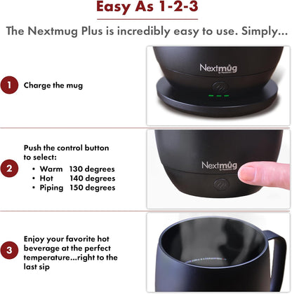Nextmug - Temperature-Controlled, Self-Heating Coffee Mug | (Black - 14 oz.) – No App, Long-Lasting Battery for Work & Study, Great Gift for Coffee Lovers