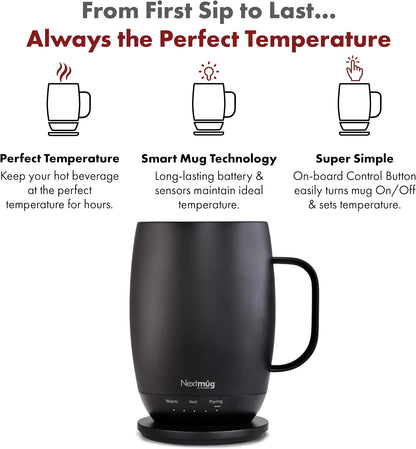 Nextmug - Temperature-Controlled, Self-Heating Coffee Mug | (Black - 14 oz.) – No App, Long-Lasting Battery for Work & Study, Great Gift for Coffee Lovers