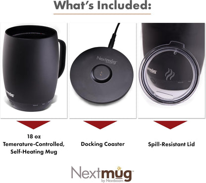 Nextmug - Temperature-Controlled, Self-Heating Coffee Mug | (Black - 14 oz.) – No App, Long-Lasting Battery for Work & Study, Great Gift for Coffee Lovers