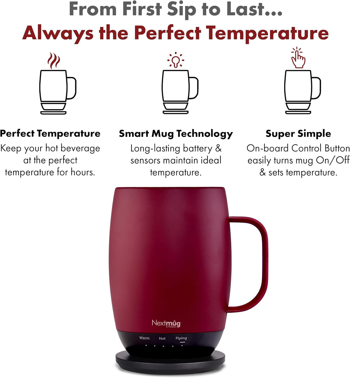 Nextmug - Temperature-Controlled, Self-Heating Coffee Mug | (Black - 14 oz.) – No App, Long-Lasting Battery for Work & Study, Great Gift for Coffee Lovers