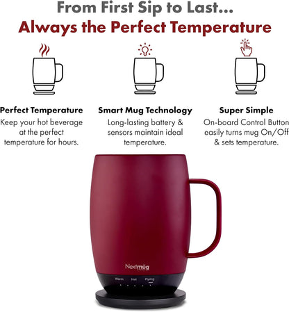 Nextmug - Temperature-Controlled, Self-Heating Coffee Mug | (Black - 14 oz.) – No App, Long-Lasting Battery for Work & Study, Great Gift for Coffee Lovers