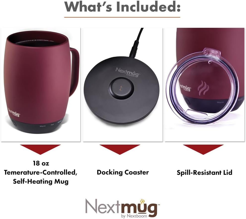Nextmug - Temperature-Controlled, Self-Heating Coffee Mug | (Black - 14 oz.) – No App, Long-Lasting Battery for Work & Study, Great Gift for Coffee Lovers