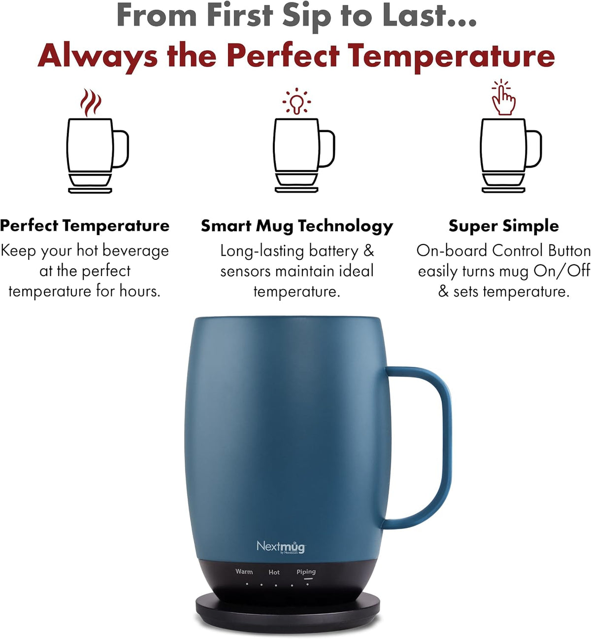Nextmug - Temperature-Controlled, Self-Heating Coffee Mug | (Black - 14 oz.) – No App, Long-Lasting Battery for Work & Study, Great Gift for Coffee Lovers