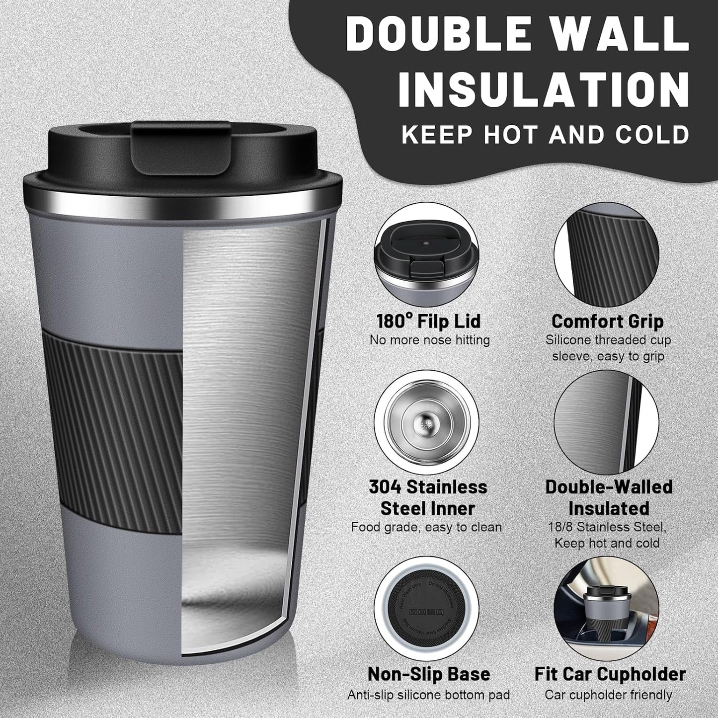 Insulated Coffee Tumblers with Flip Lid 12oz / 17oz, Stainless Steel Coffee Mug Leak Proof, Vacuum Insulated Coffee Mug Reusable Cup, Keeps Cold and Hot for Coffee Tea