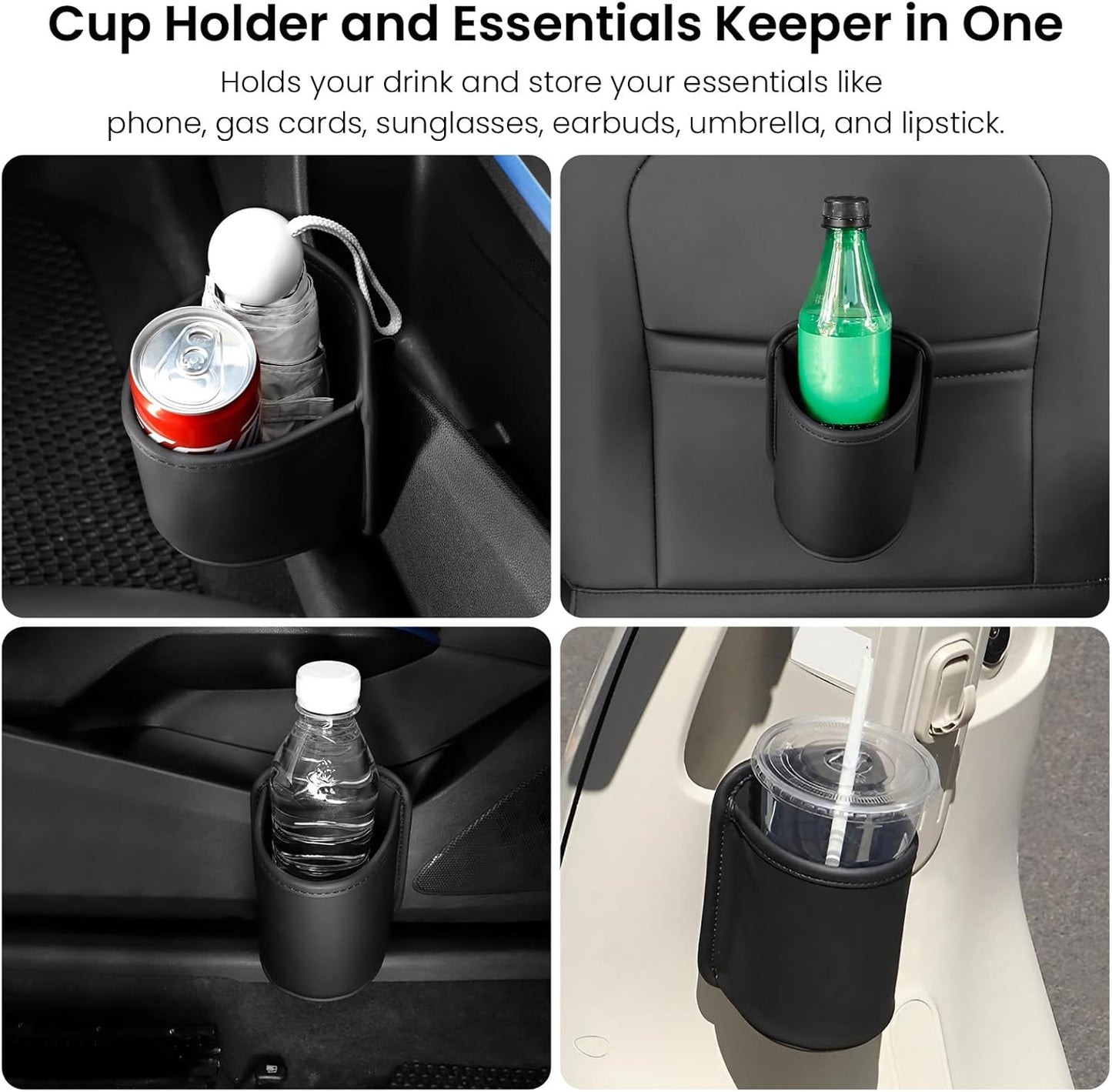2 Pack Clip On Cup Holder for Car Door Organizer Seat Automotive Extra Drink Coffee Holders Premium PU Leather Black