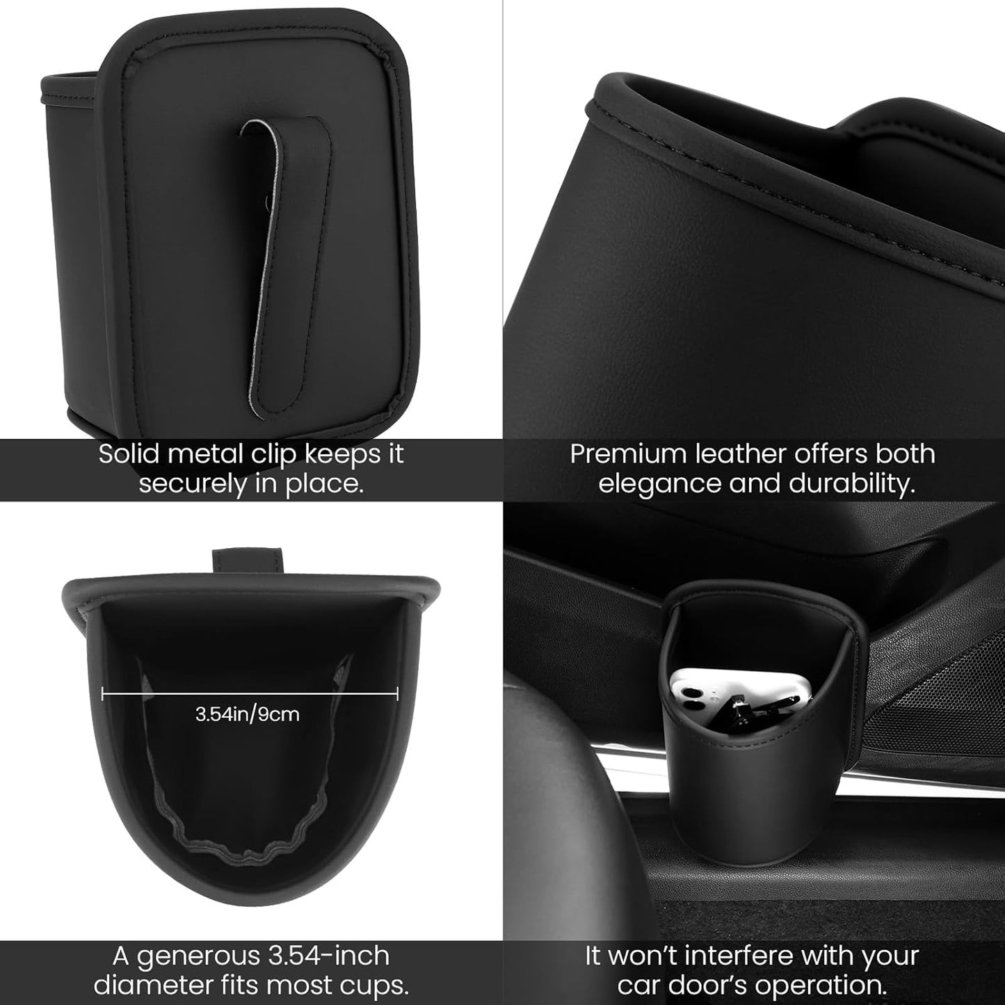 2 Pack Clip On Cup Holder for Car Door Organizer Seat Automotive Extra Drink Coffee Holders Premium PU Leather Black