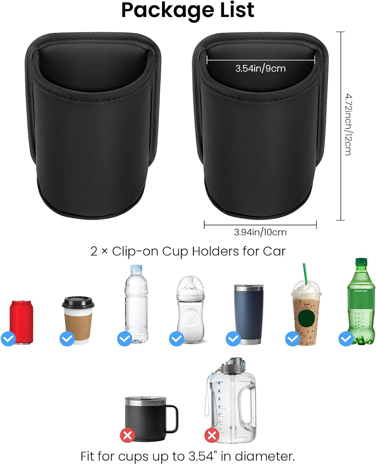 2 Pack Clip On Cup Holder for Car Door Organizer Seat Automotive Extra Drink Coffee Holders Premium PU Leather Black