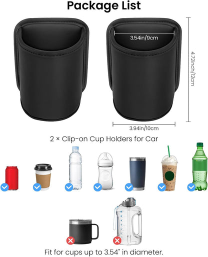 2 Pack Clip On Cup Holder for Car Door Organizer Seat Automotive Extra Drink Coffee Holders Premium PU Leather Black