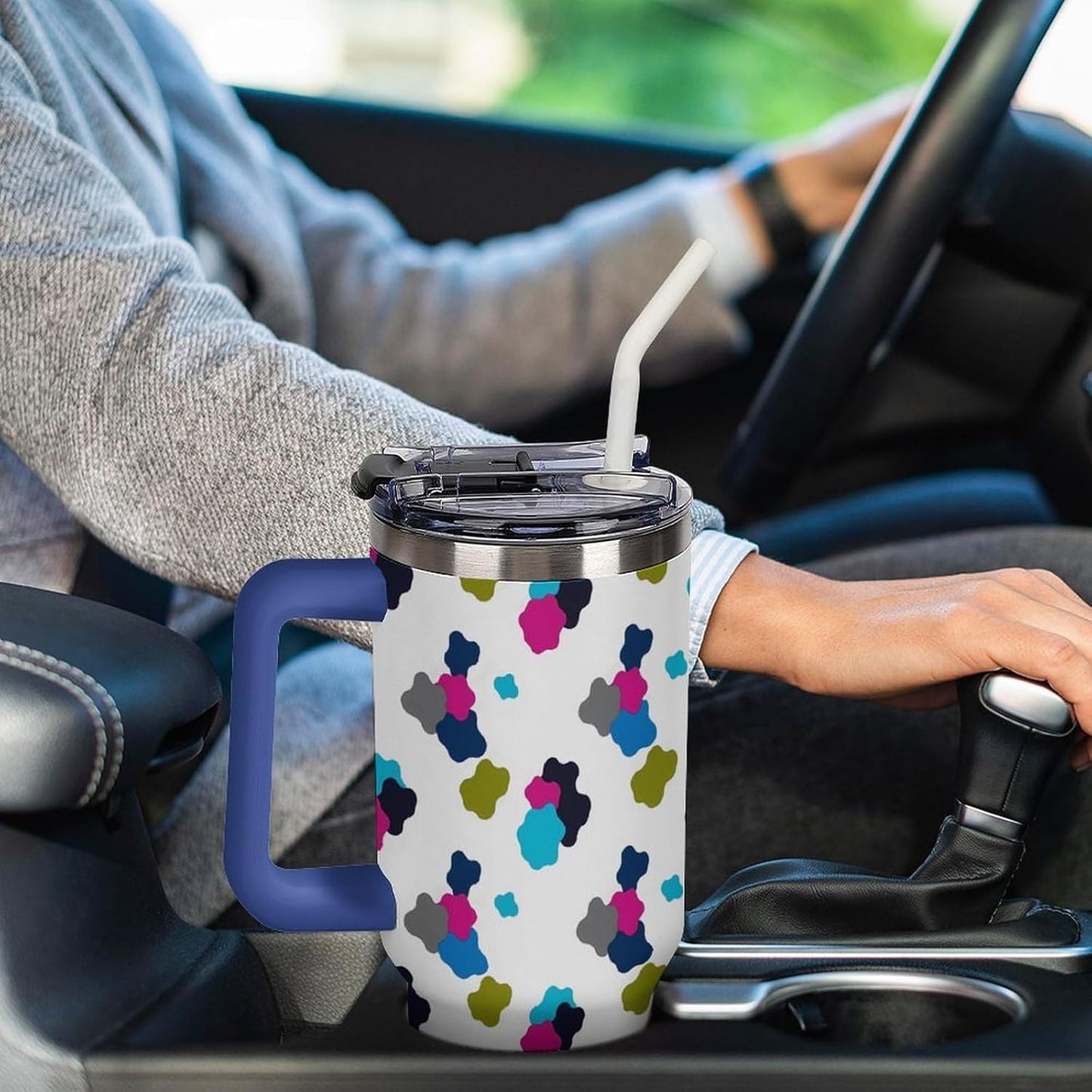 Leakproof Car Cup Vacuum Sealed With Lid For Office Crystal Clear Blue Water Ripple Print Drinkware Light Rose Red-style-5 - Colors A