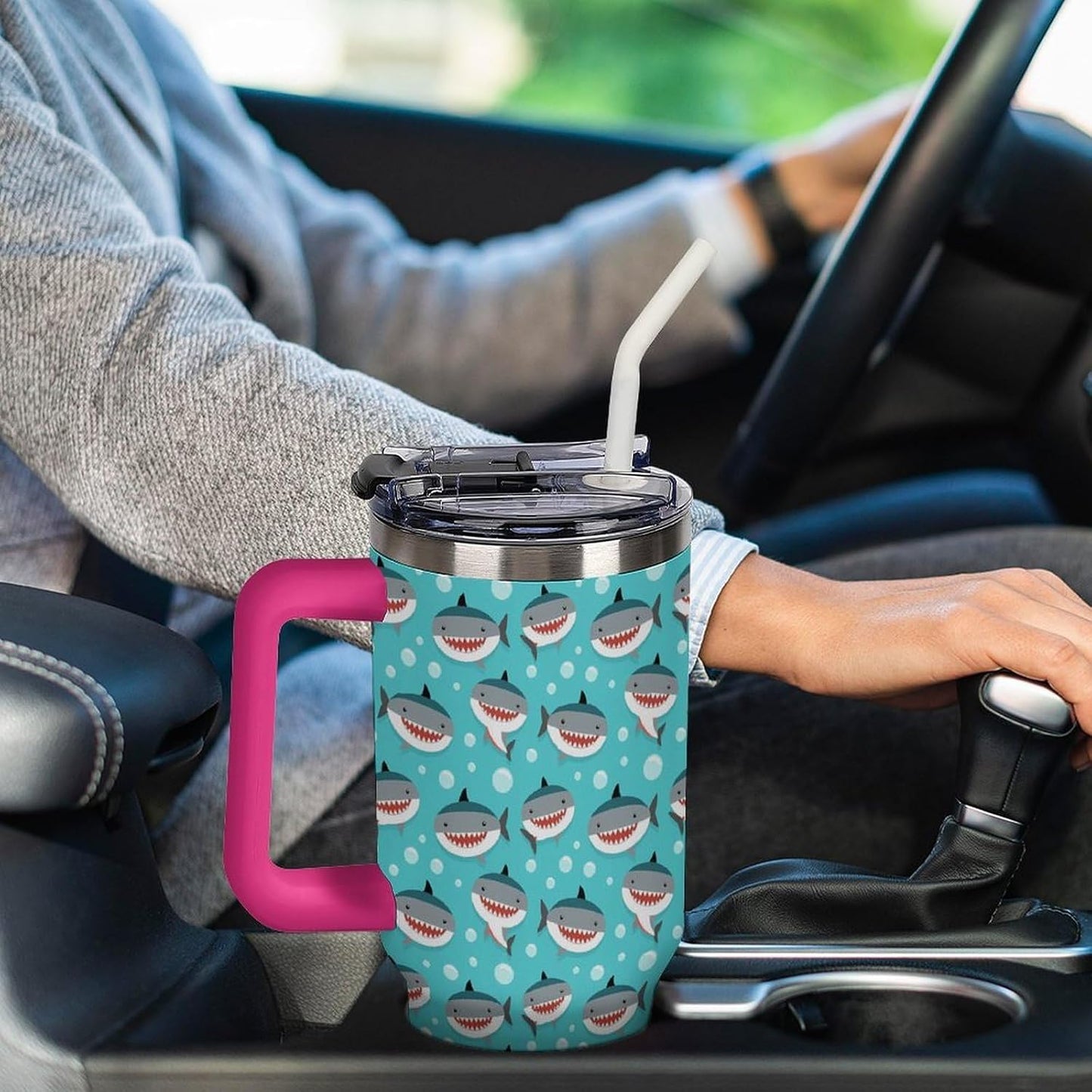 Leakproof Car Cup Vacuum Sealed With Lid For Office Crystal Clear Blue Water Ripple Print Drinkware Light Rose Red-style-5 - Colors A