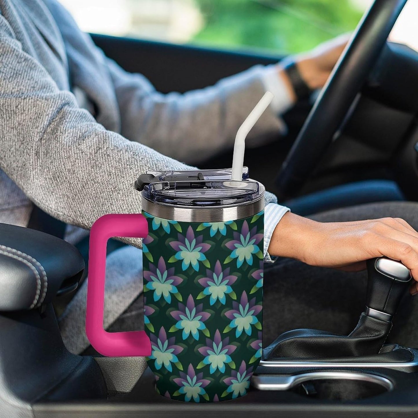 Leakproof Car Cup Vacuum Sealed With Lid For Office Crystal Clear Blue Water Ripple Print Drinkware Light Rose Red-style-5 - Colors A