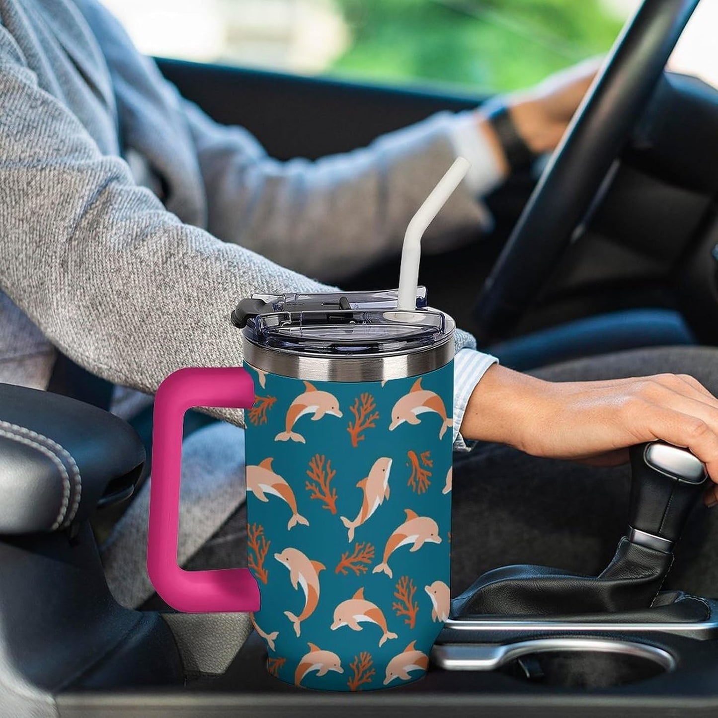 Leakproof Car Cup Vacuum Sealed With Lid For Office Crystal Clear Blue Water Ripple Print Drinkware Light Rose Red-style-5 - Colors A