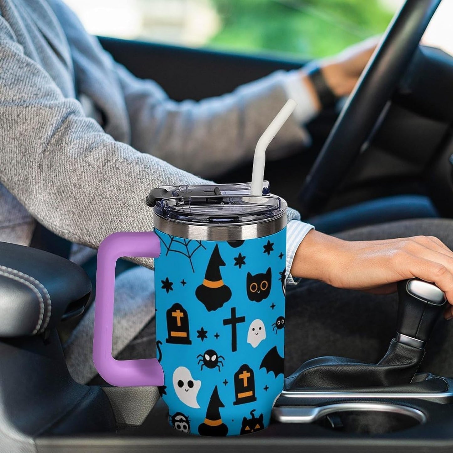 Leakproof Car Cup Vacuum Sealed With Lid For Office Crystal Clear Blue Water Ripple Print Drinkware Light Rose Red-style-5 - Colors A