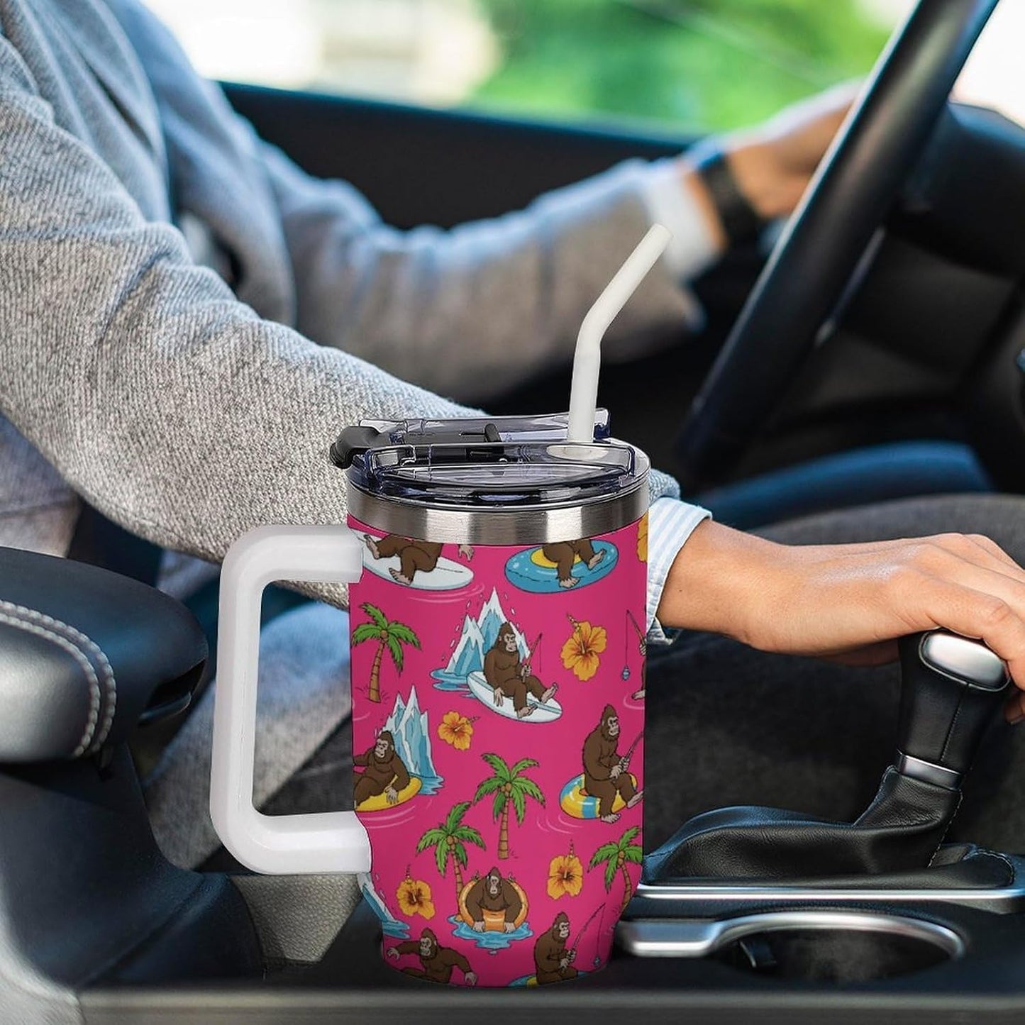 Leakproof Car Cup Vacuum Sealed With Lid For Office Crystal Clear Blue Water Ripple Print Drinkware Light Rose Red-style-5 - Colors A