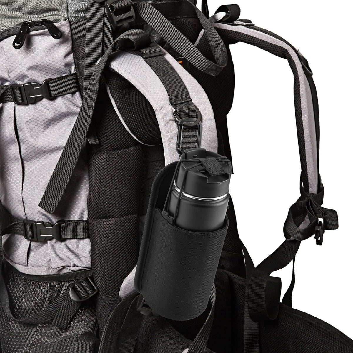Water Bottle Holder for Backpack Shoulder Strap, Nylon Water Bottle Strap with Drawstring Carabiner, Portable Backpack Attachment Water Bottle Pouch for Hiking Walking Camping