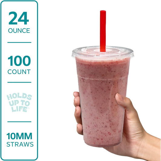 [24 oz. - 100 Count Clear Cups with Flat Lids & Straws - Disposable Clear Drinking Cups for Iced Coffee, Cold Drinks, Milkshakes, and Smoothies - Formerly Comfy Package