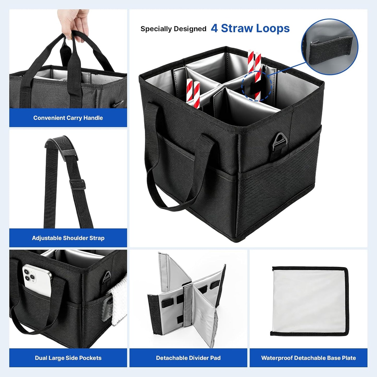 4 Compartment Reusable Drink Carrier Bag, Water Bottle Carrier Bag | Adjustable Dividers Drink Carrier with Handle, Drink Holder Bag for Car, Water Bottle Holder with Strap for Delivery, Travel