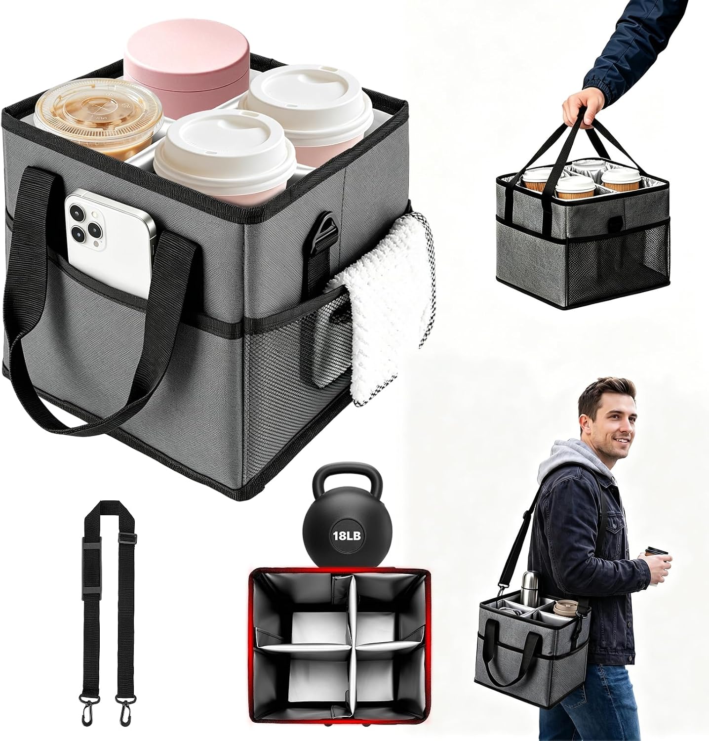 4 Compartment Reusable Drink Carrier Bag, Water Bottle Carrier Bag | Adjustable Dividers Drink Carrier with Handle, Drink Holder Bag for Car, Water Bottle Holder with Strap for Delivery, Travel
