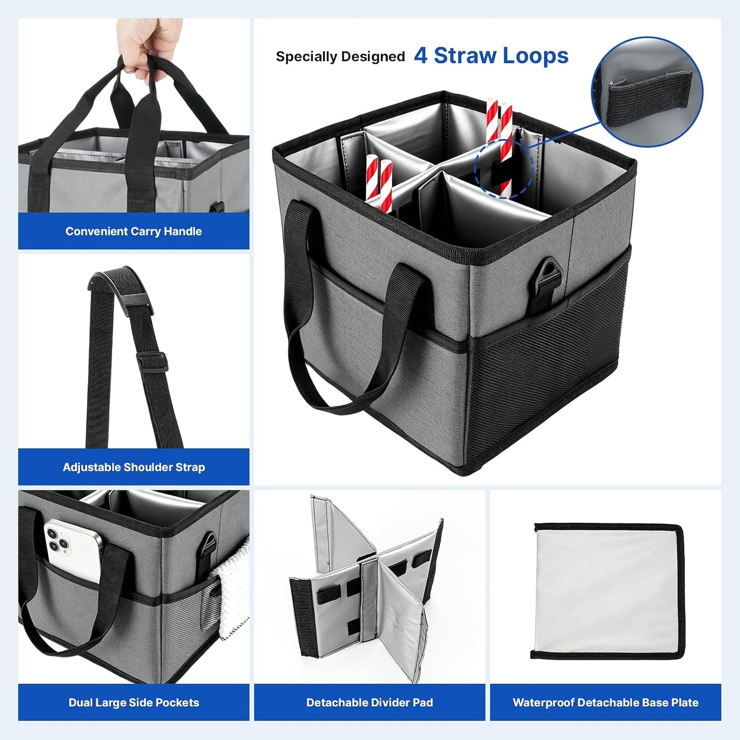 4 Compartment Reusable Drink Carrier Bag, Water Bottle Carrier Bag | Adjustable Dividers Drink Carrier with Handle, Drink Holder Bag for Car, Water Bottle Holder with Strap for Delivery, Travel