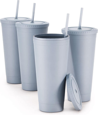 Maars Acrylic Travel Tumbler with Lid and Straw | 32oz Premium Insulated Double Wall XL Plastic Reusable Cups - Matte Dusty Blue, 4 Pack