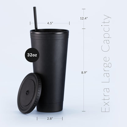 Maars Acrylic Travel Tumbler with Lid and Straw | 32oz Premium Insulated Double Wall XL Plastic Reusable Cups - Matte Dusty Blue, 4 Pack
