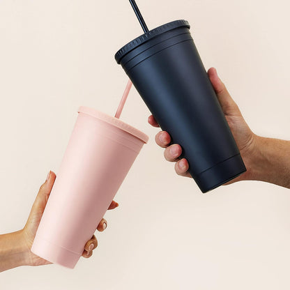Maars Acrylic Travel Tumbler with Lid and Straw | 32oz Premium Insulated Double Wall XL Plastic Reusable Cups - Matte Dusty Blue, 4 Pack