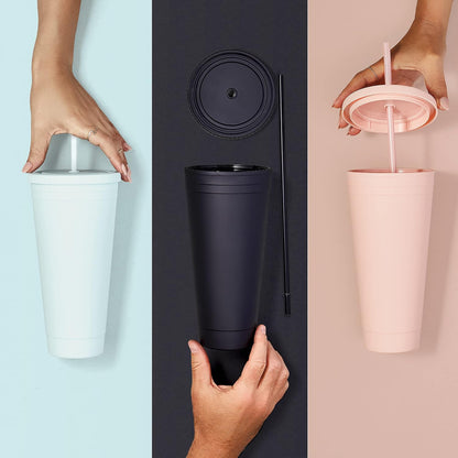 Maars Acrylic Travel Tumbler with Lid and Straw | 32oz Premium Insulated Double Wall XL Plastic Reusable Cups - Matte Dusty Blue, 4 Pack