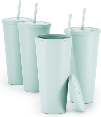 Maars Acrylic Travel Tumbler with Lid and Straw | 32oz Premium Insulated Double Wall XL Plastic Reusable Cups - Matte Dusty Blue, 4 Pack