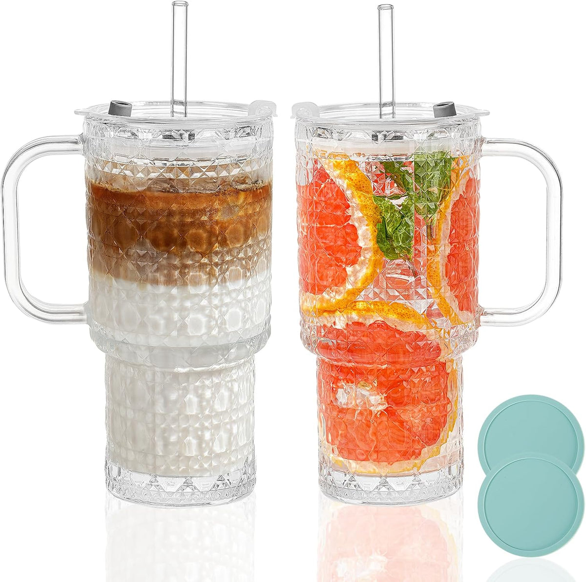 17oz Water Glass Tumbler with Handle & Lid, Reusable Iced Coffee Cups with Straws – Set of 2, Glass Cups Travel Mug for Beverages,Smoothies, Juice, Coffee, Tea