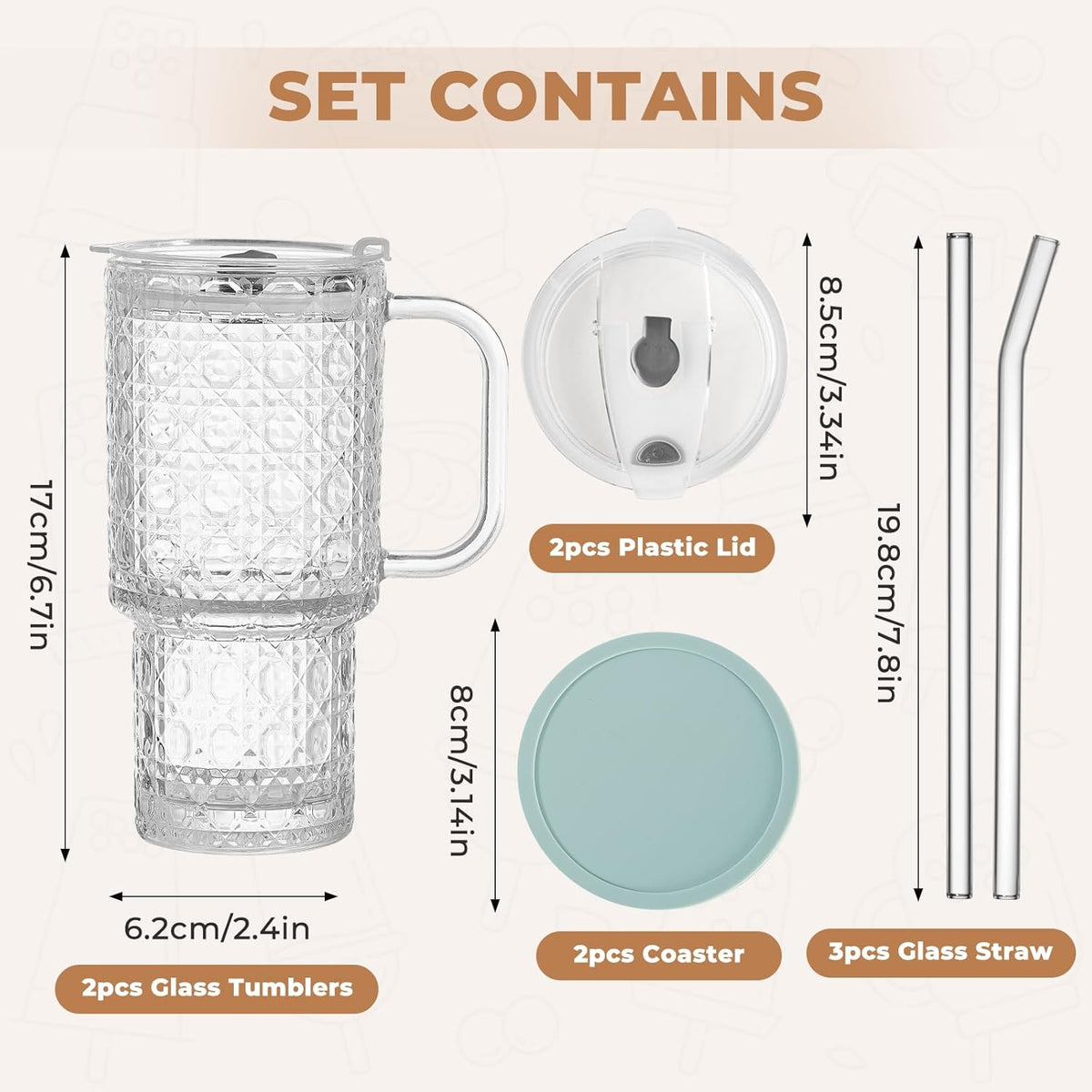 17oz Water Glass Tumbler with Handle & Lid, Reusable Iced Coffee Cups with Straws – Set of 2, Glass Cups Travel Mug for Beverages,Smoothies, Juice, Coffee, Tea