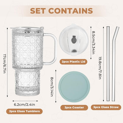 17oz Water Glass Tumbler with Handle & Lid, Reusable Iced Coffee Cups with Straws – Set of 2, Glass Cups Travel Mug for Beverages,Smoothies, Juice, Coffee, Tea