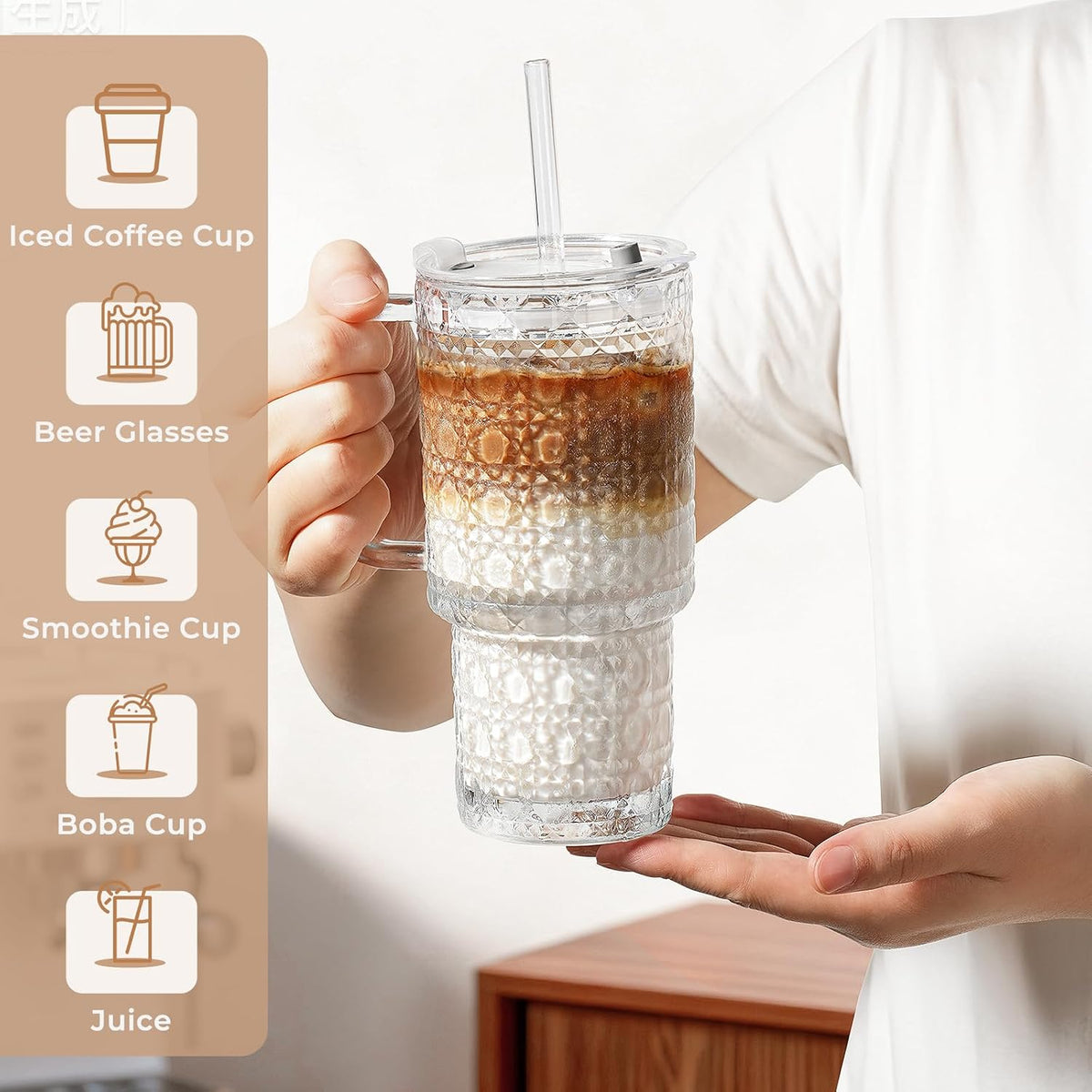 17oz Water Glass Tumbler with Handle & Lid, Reusable Iced Coffee Cups with Straws – Set of 2, Glass Cups Travel Mug for Beverages,Smoothies, Juice, Coffee, Tea