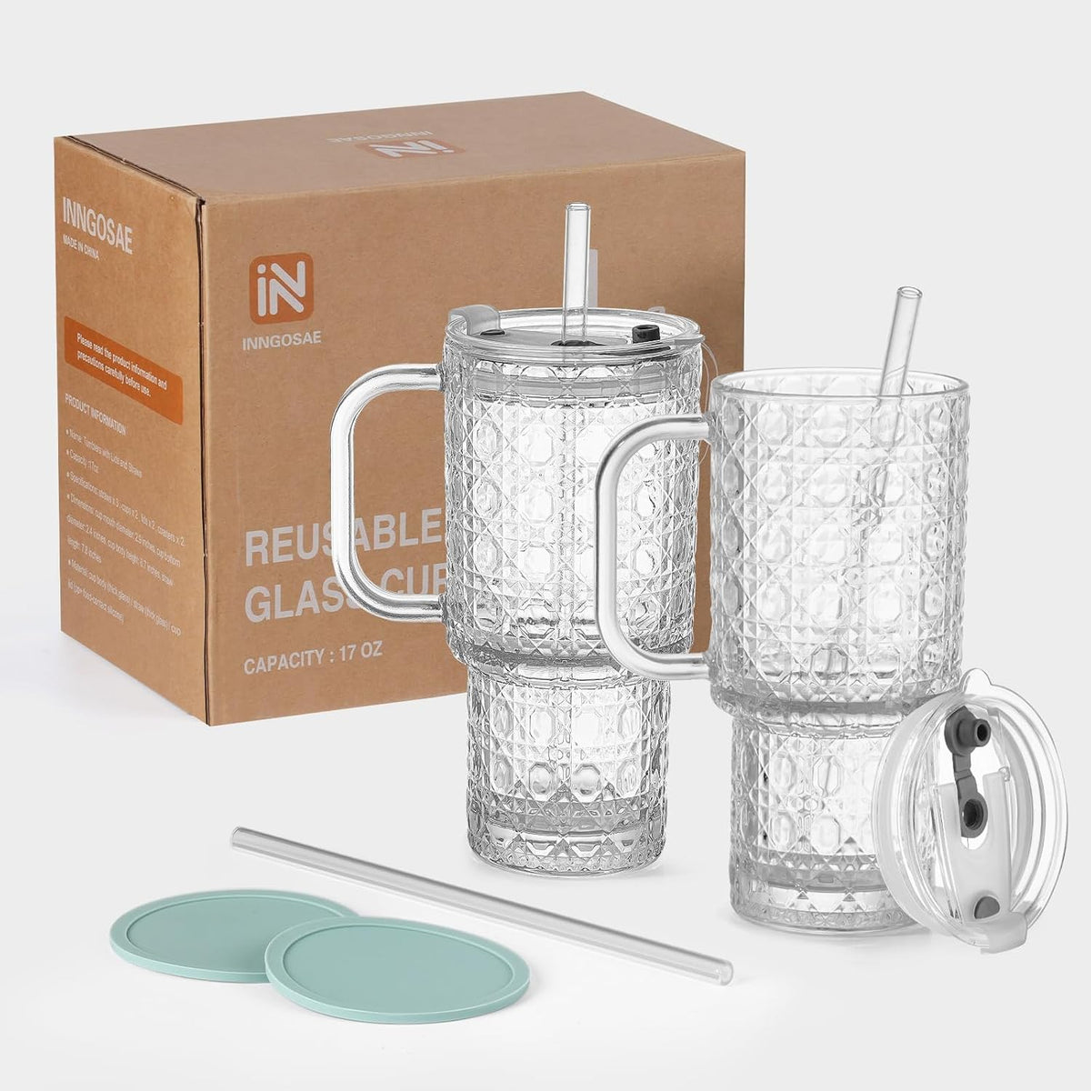 17oz Water Glass Tumbler with Handle & Lid, Reusable Iced Coffee Cups with Straws – Set of 2, Glass Cups Travel Mug for Beverages,Smoothies, Juice, Coffee, Tea