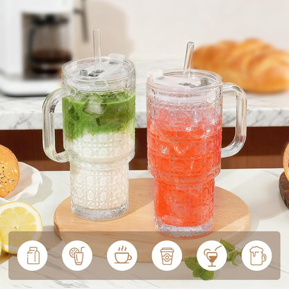 17oz Water Glass Tumbler with Handle & Lid, Reusable Iced Coffee Cups with Straws – Set of 2, Glass Cups Travel Mug for Beverages,Smoothies, Juice, Coffee, Tea