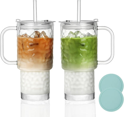 17oz Water Glass Tumbler with Handle & Lid, Reusable Iced Coffee Cups with Straws – Set of 2, Glass Cups Travel Mug for Beverages,Smoothies, Juice, Coffee, Tea