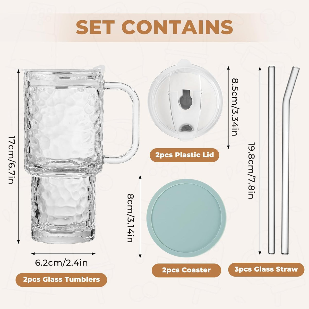 17oz Water Glass Tumbler with Handle & Lid, Reusable Iced Coffee Cups with Straws – Set of 2, Glass Cups Travel Mug for Beverages,Smoothies, Juice, Coffee, Tea