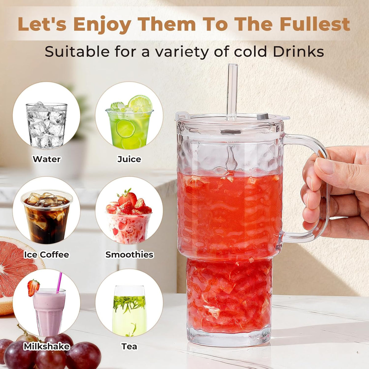 17oz Water Glass Tumbler with Handle & Lid, Reusable Iced Coffee Cups with Straws – Set of 2, Glass Cups Travel Mug for Beverages,Smoothies, Juice, Coffee, Tea