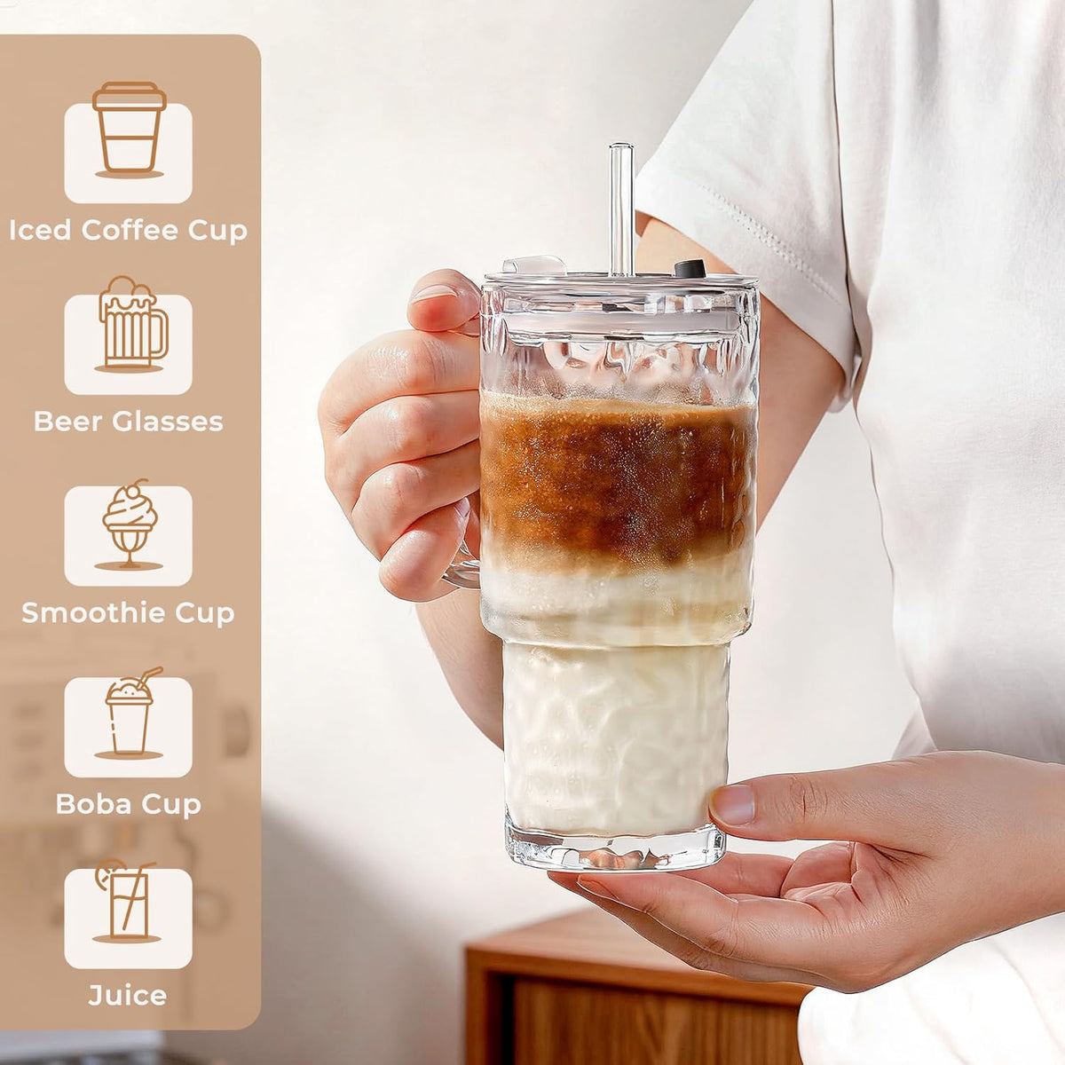 17oz Water Glass Tumbler with Handle & Lid, Reusable Iced Coffee Cups with Straws – Set of 2, Glass Cups Travel Mug for Beverages,Smoothies, Juice, Coffee, Tea