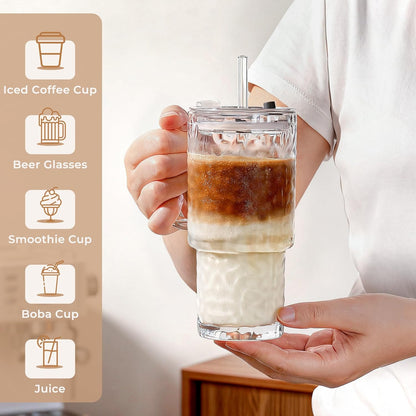 17oz Water Glass Tumbler with Handle & Lid, Reusable Iced Coffee Cups with Straws – Set of 2, Glass Cups Travel Mug for Beverages,Smoothies, Juice, Coffee, Tea