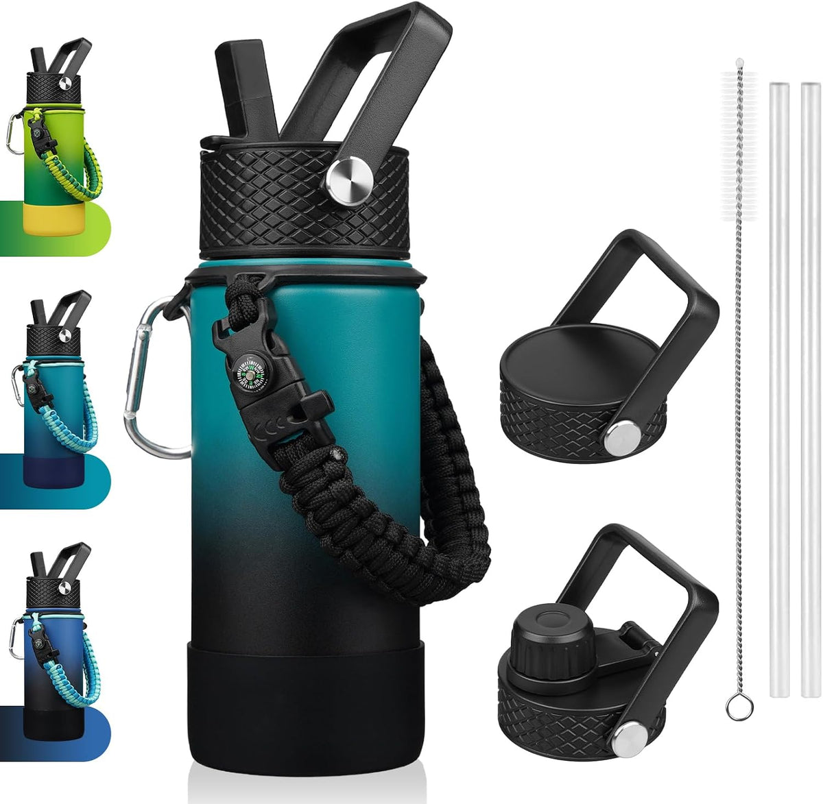 18oz Insulated Water Bottle with 3 Lids, Straw Lid & Handle | BPA-Free 18/8 Stainless Steel Bottle with Leak-Proof Lids, Paracord Handle & Removable Silicone Boot for Gym, Hiking, Travel