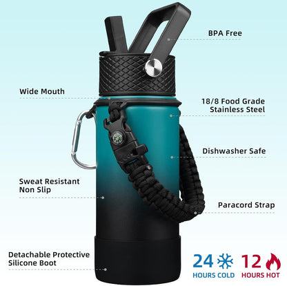 18oz Insulated Water Bottle with 3 Lids, Straw Lid & Handle | BPA-Free 18/8 Stainless Steel Bottle with Leak-Proof Lids, Paracord Handle & Removable Silicone Boot for Gym, Hiking, Travel